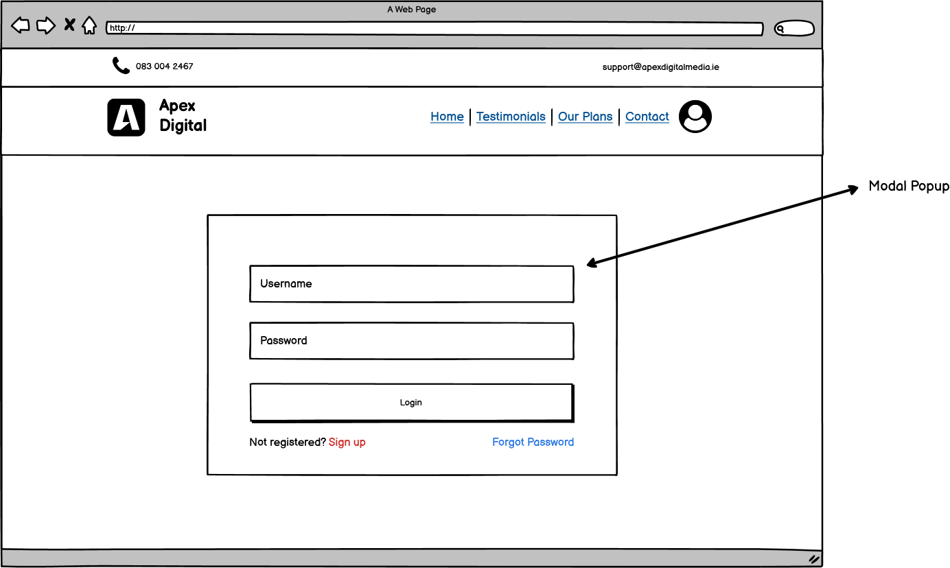 Log in page wireframe